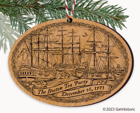 Boston Tea Party Natural Wood Engraved Ornament