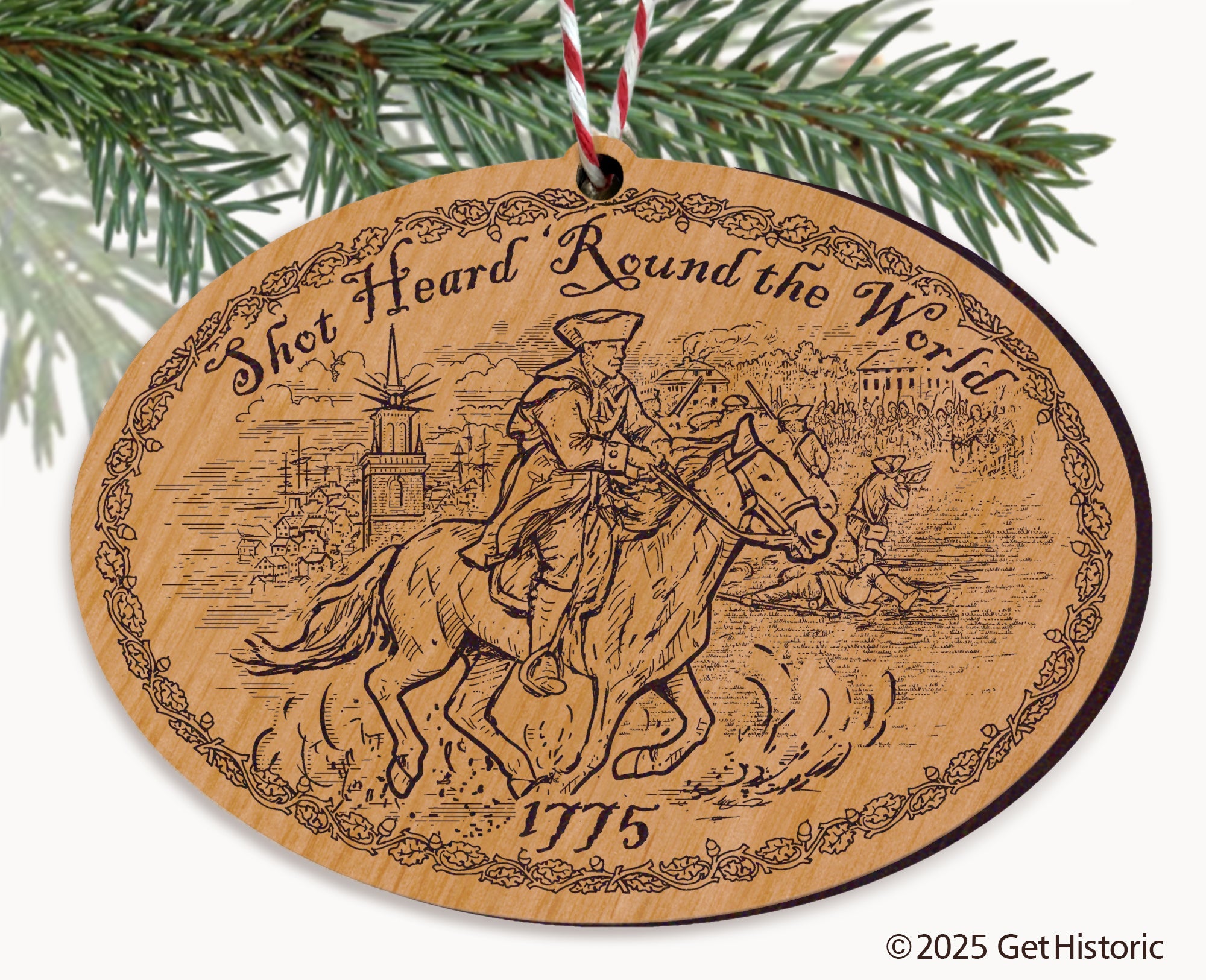 Shot Heard 'Round the World Natural Wood Engraved Ornament