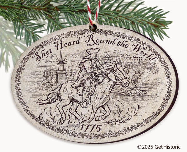 Shot Heard 'Round the World Whitewash Wood Engraved Ornament