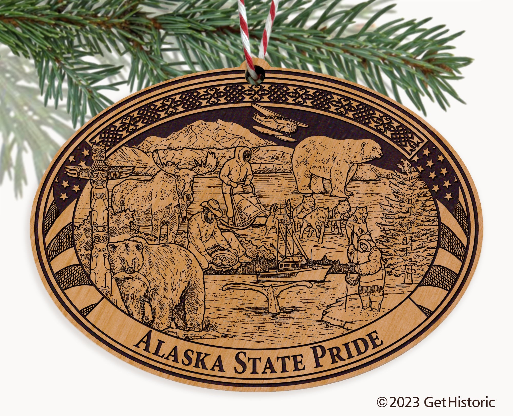 Alaska State Natural Wood Engraved Ornament