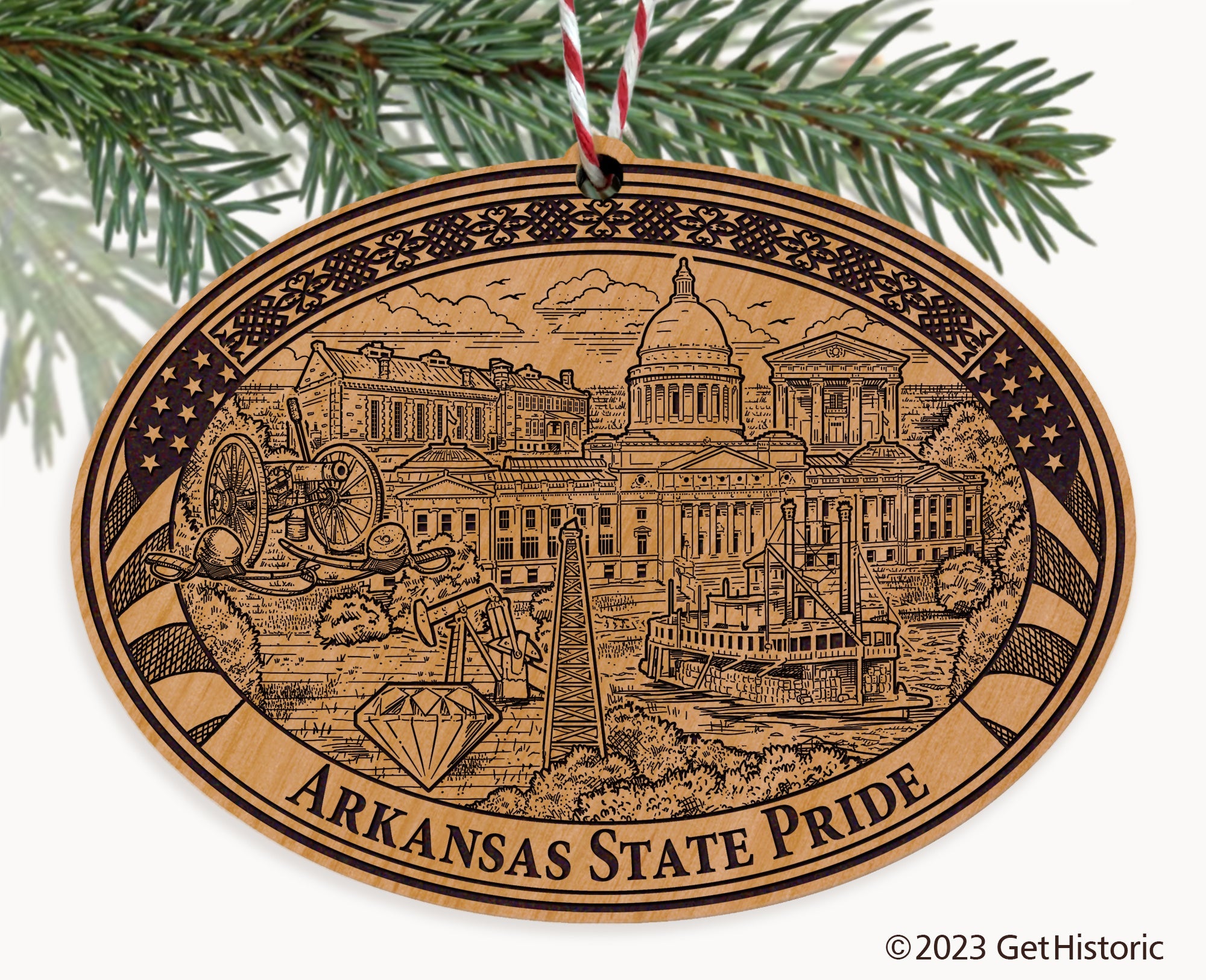 Arkansas State Natural Wood Engraved Ornament