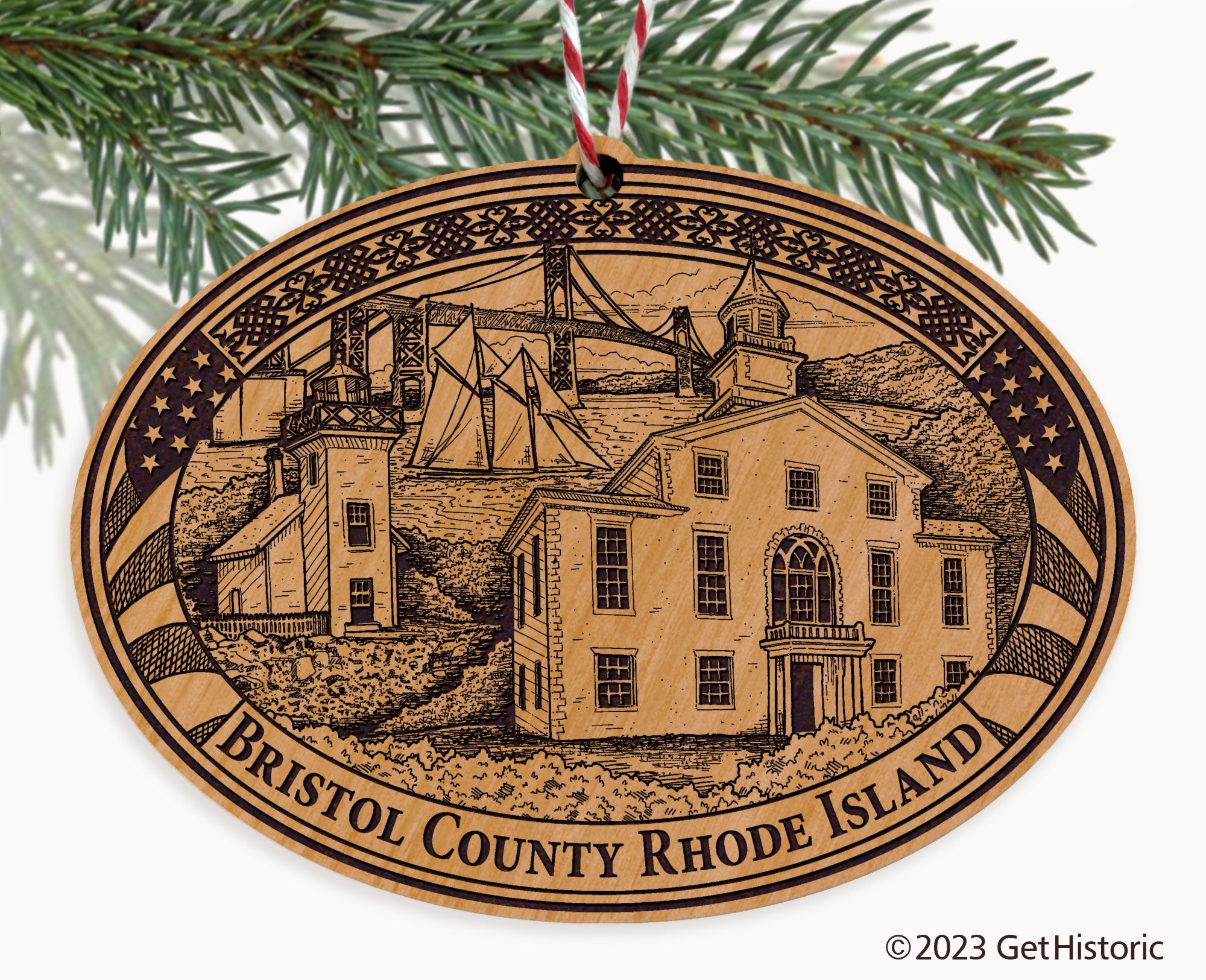 Bristol County Rhode Island Engraved Natural Ornament
