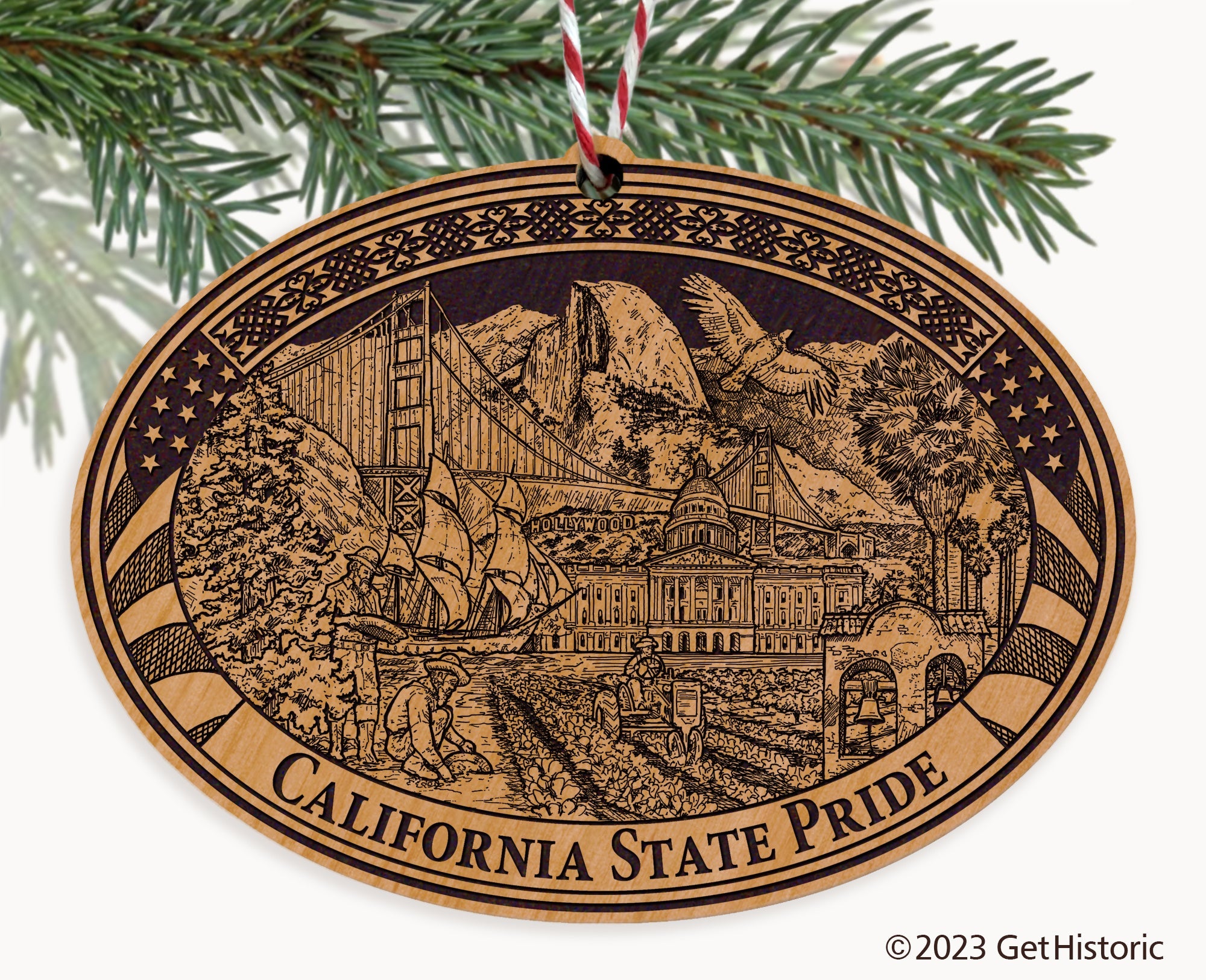 California State Natural Wood Engraved Ornament
