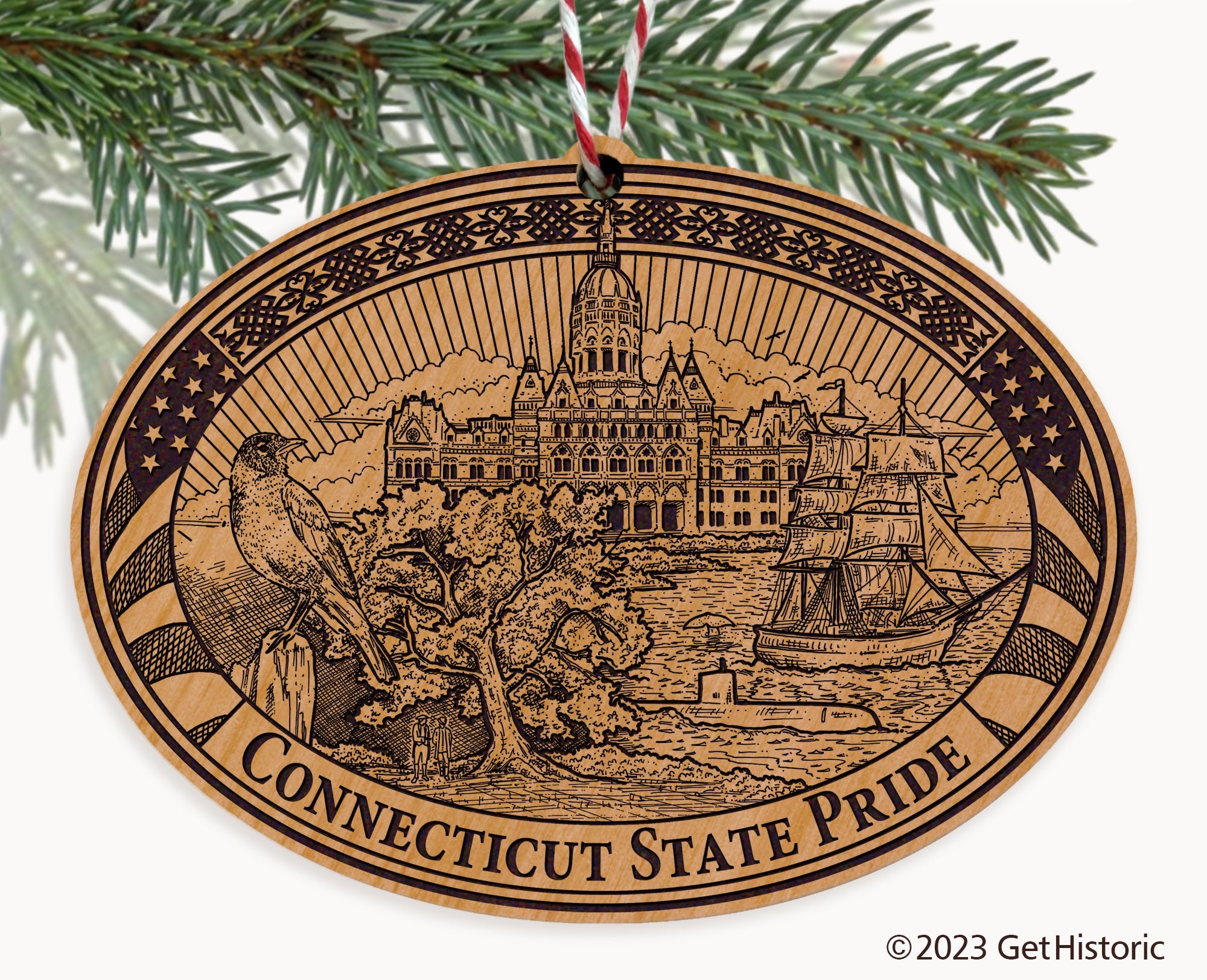 Connecticut State Natural Wood Engraved Ornament