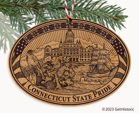 Connecticut State Natural Wood Engraved Ornament