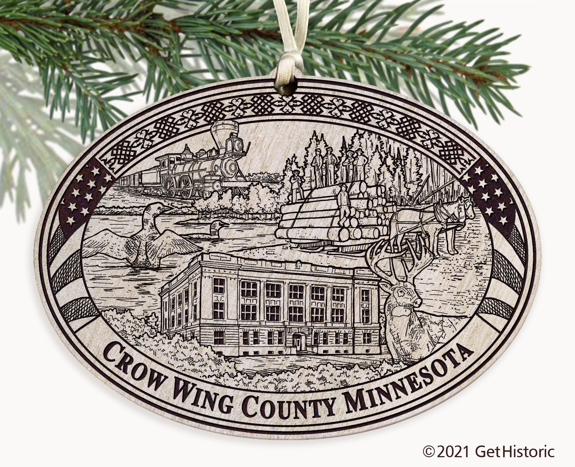 Crow Wing County Minnesota Whitewash Wood Engraved Ornament