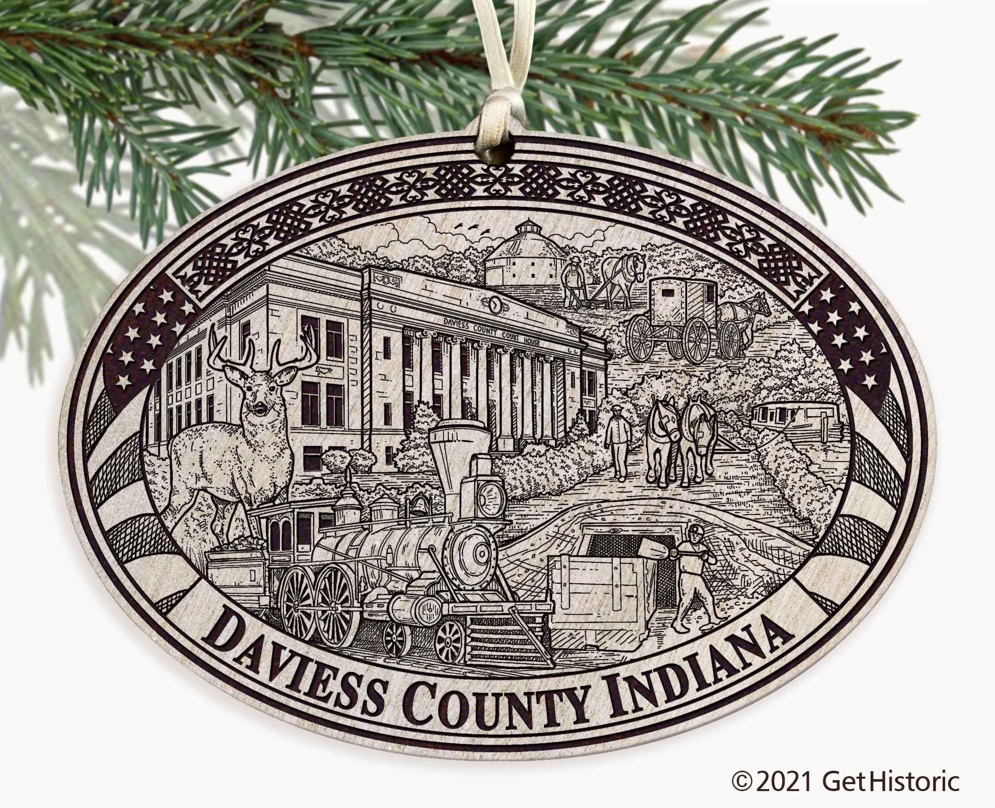 Daviess County Indiana Whitewash Wood Engraved Ornament
