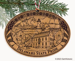 Delaware State Natural Wood Engraved Ornament