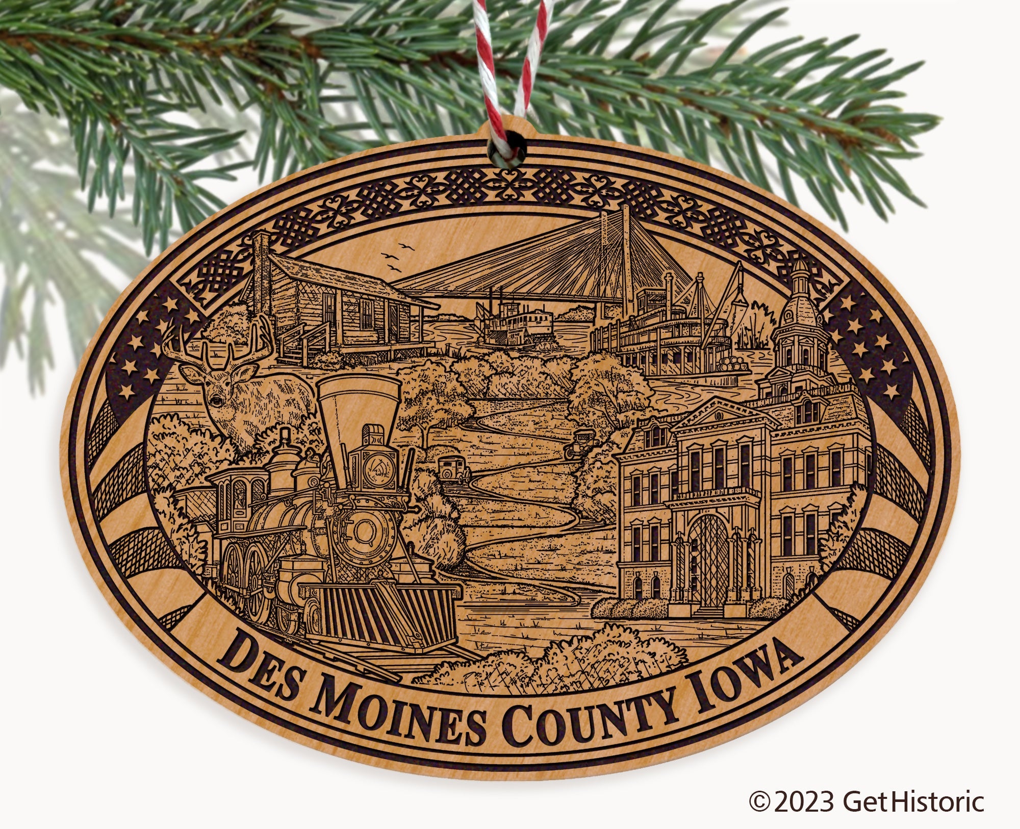 Des Moines County Iowa Engraved Natural Ornament