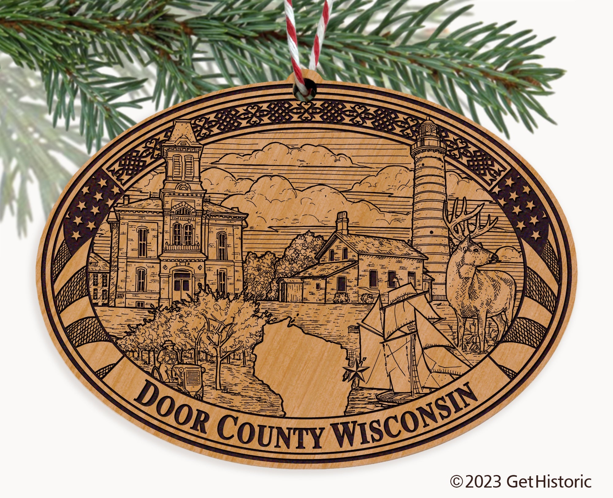 Door County Wisconsin Engraved Natural Ornament