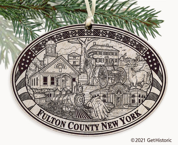 Fulton County New York Whitewash Wood Engraved Ornament