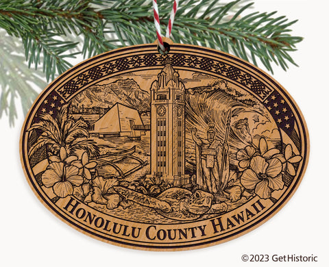 Honolulu County Hawaii Engraved Natural Ornament