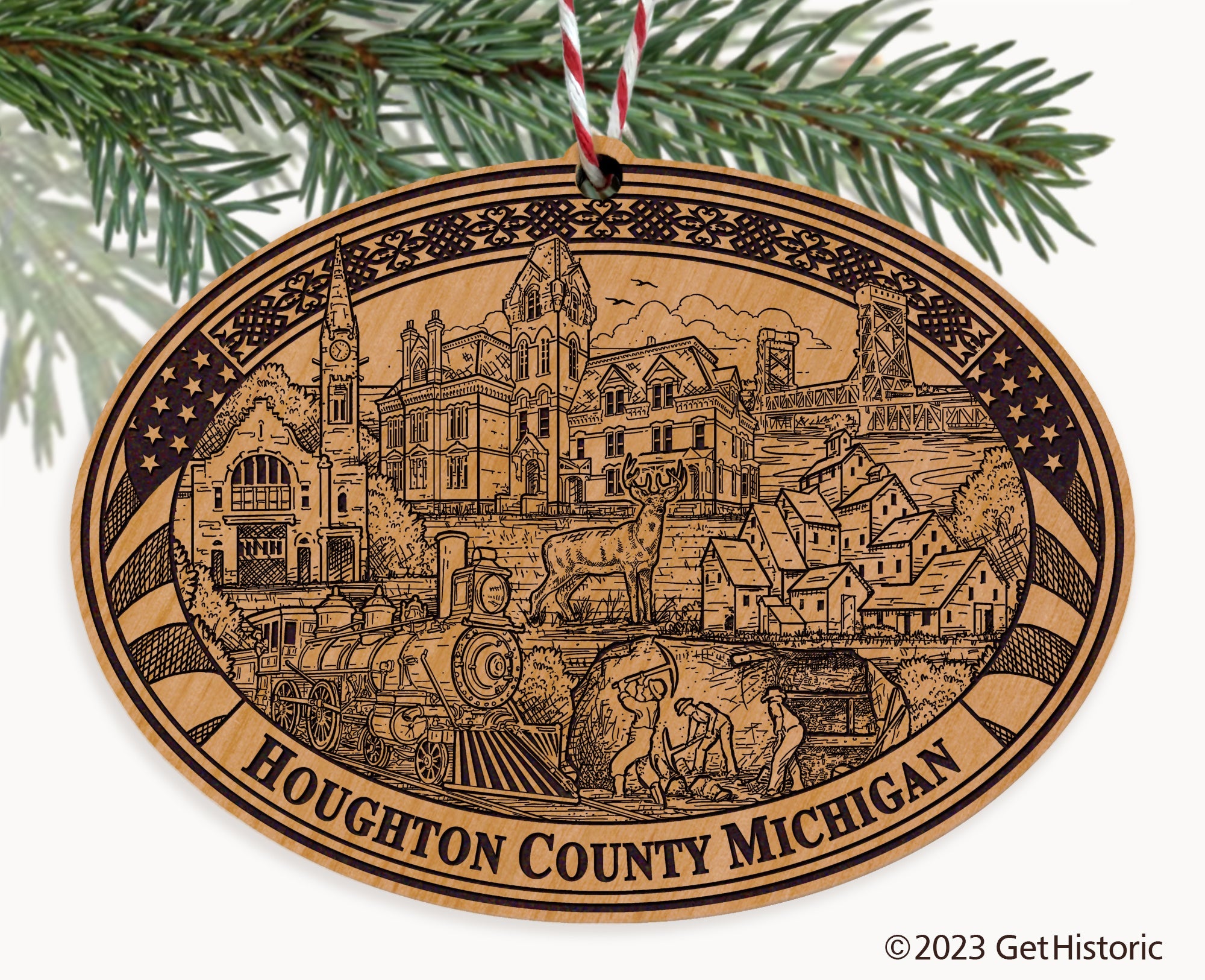 Houghton County Michigan Engraved Natural Ornament