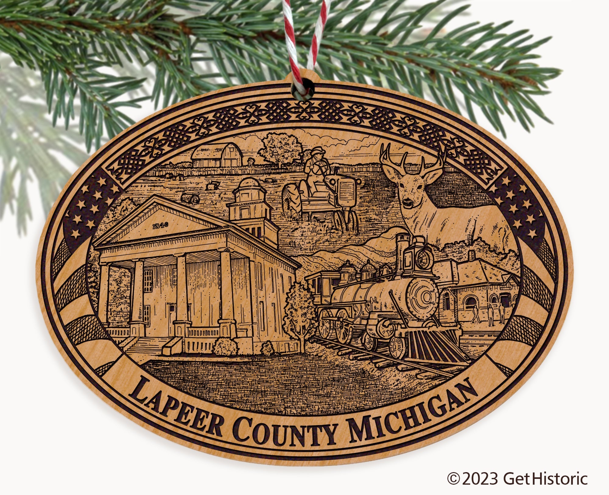 Lapeer County Michigan Engraved Natural Ornament