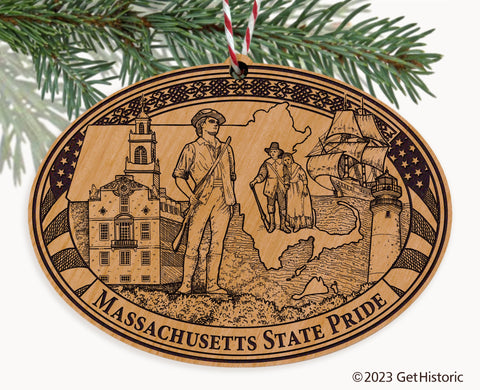 Massachusetts State Natural Wood Engraved Ornament