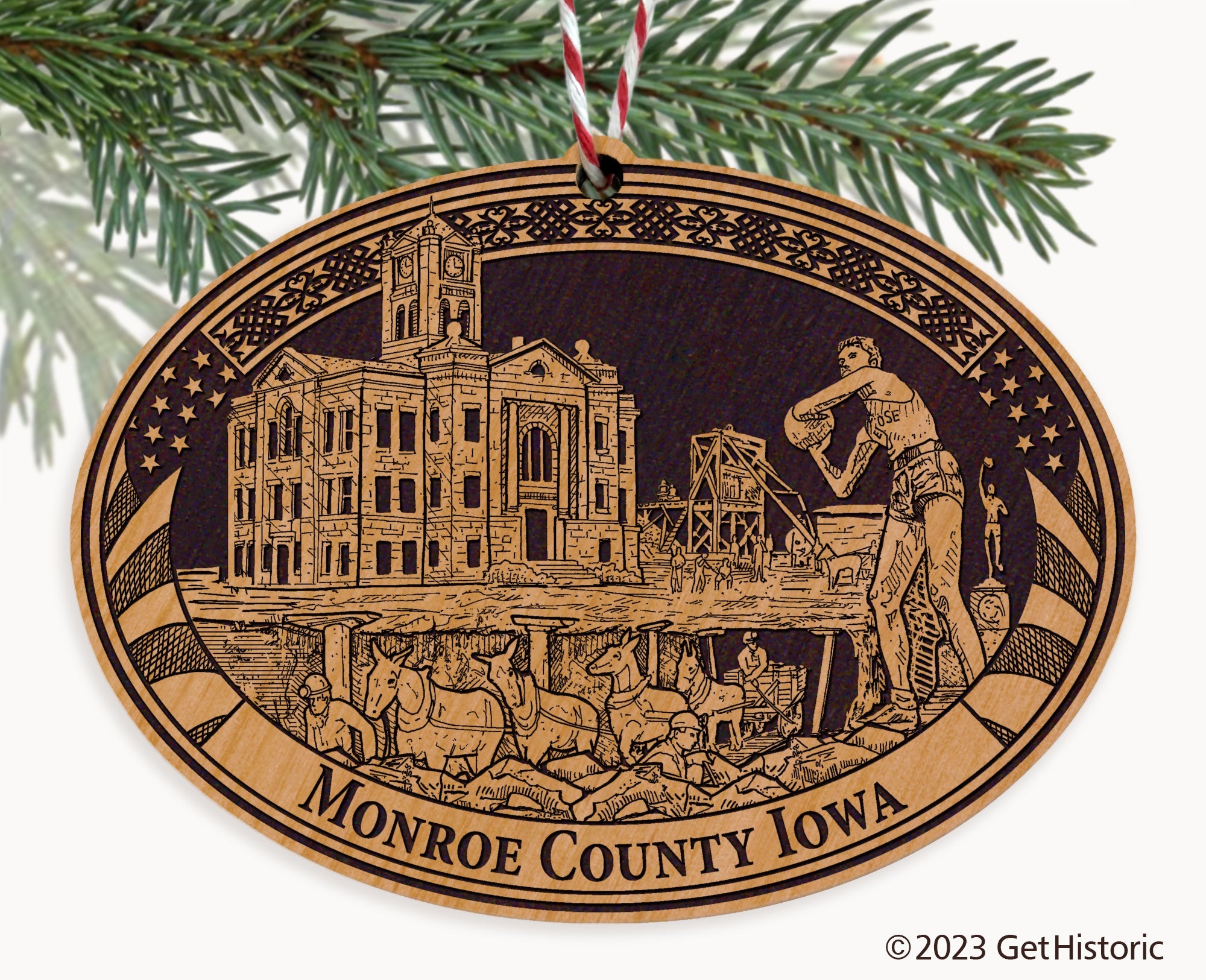Monroe County Iowa Engraved Natural Ornament
