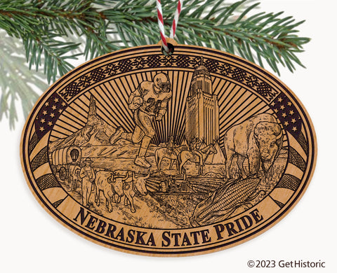Nebraska State Natural Wood Engraved Ornament