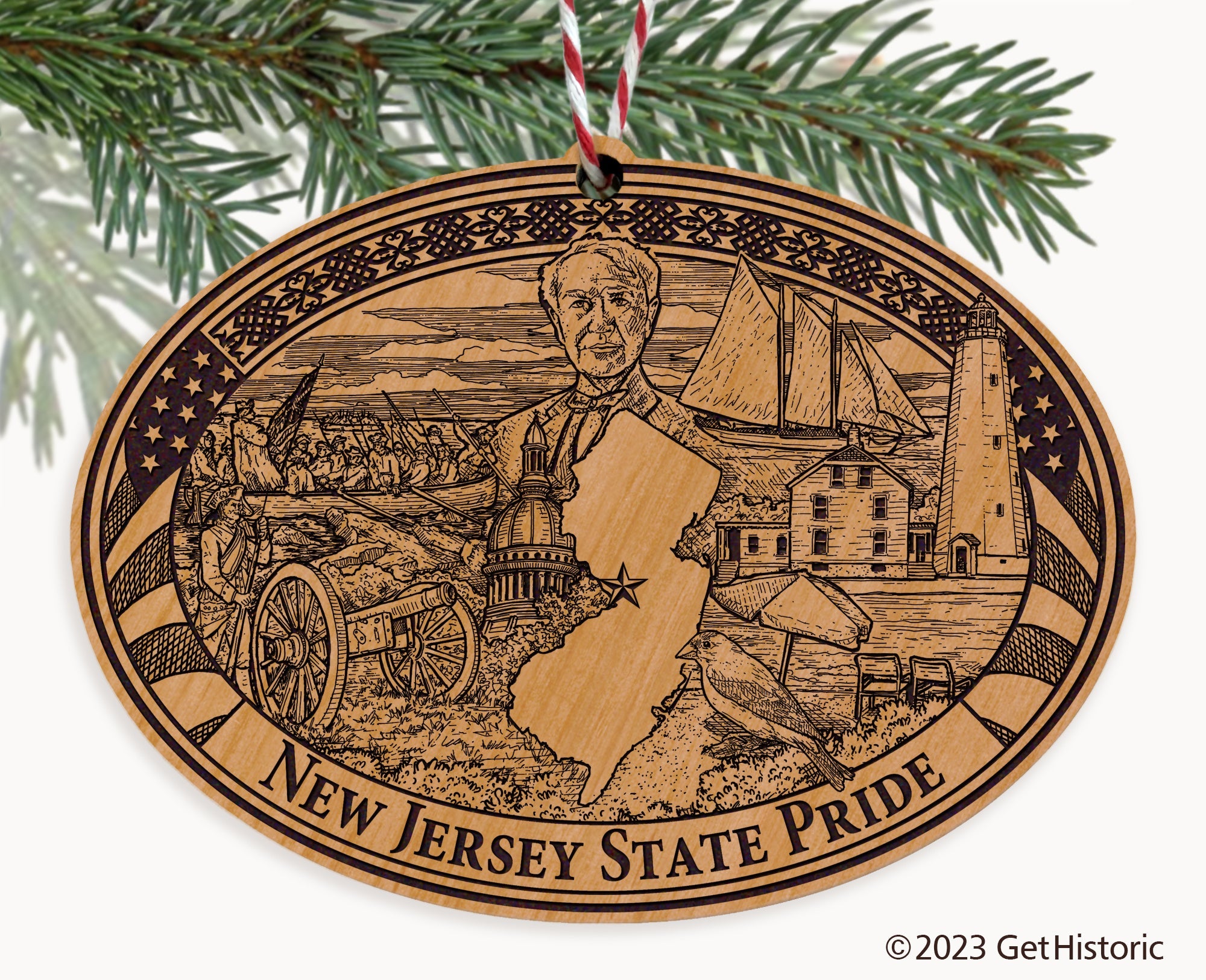 New Jersey State Natural Wood Engraved Ornament