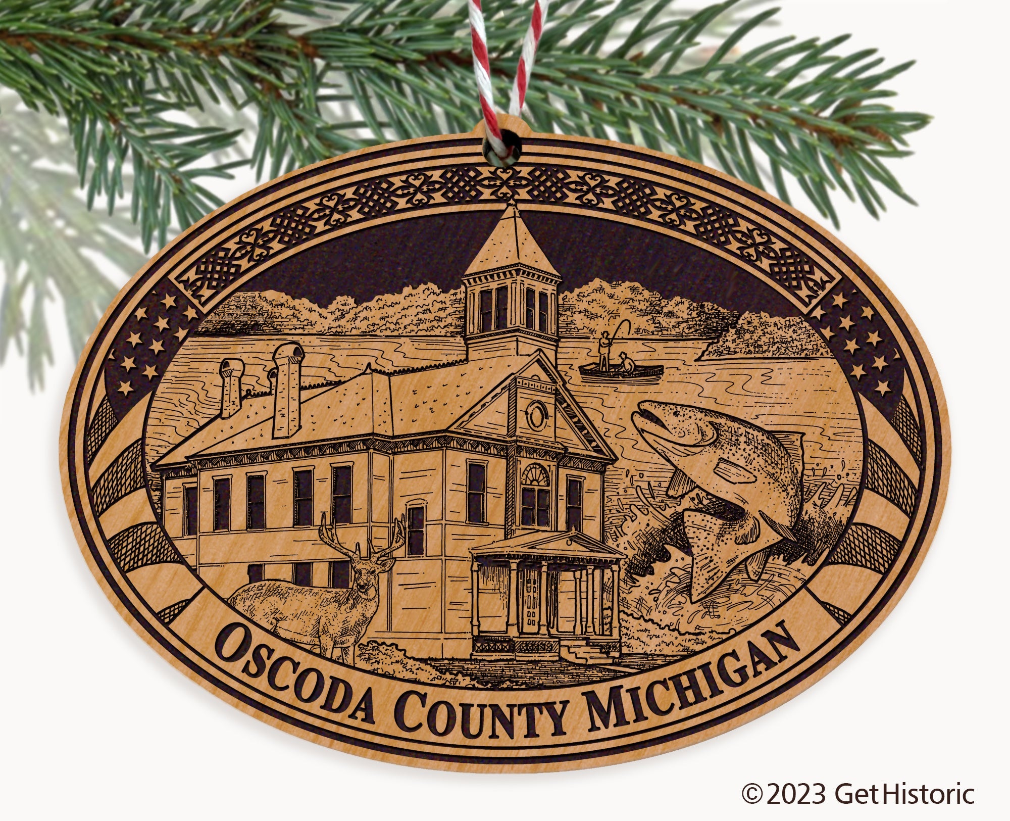 Oscoda County Michigan Engraved Natural Ornament