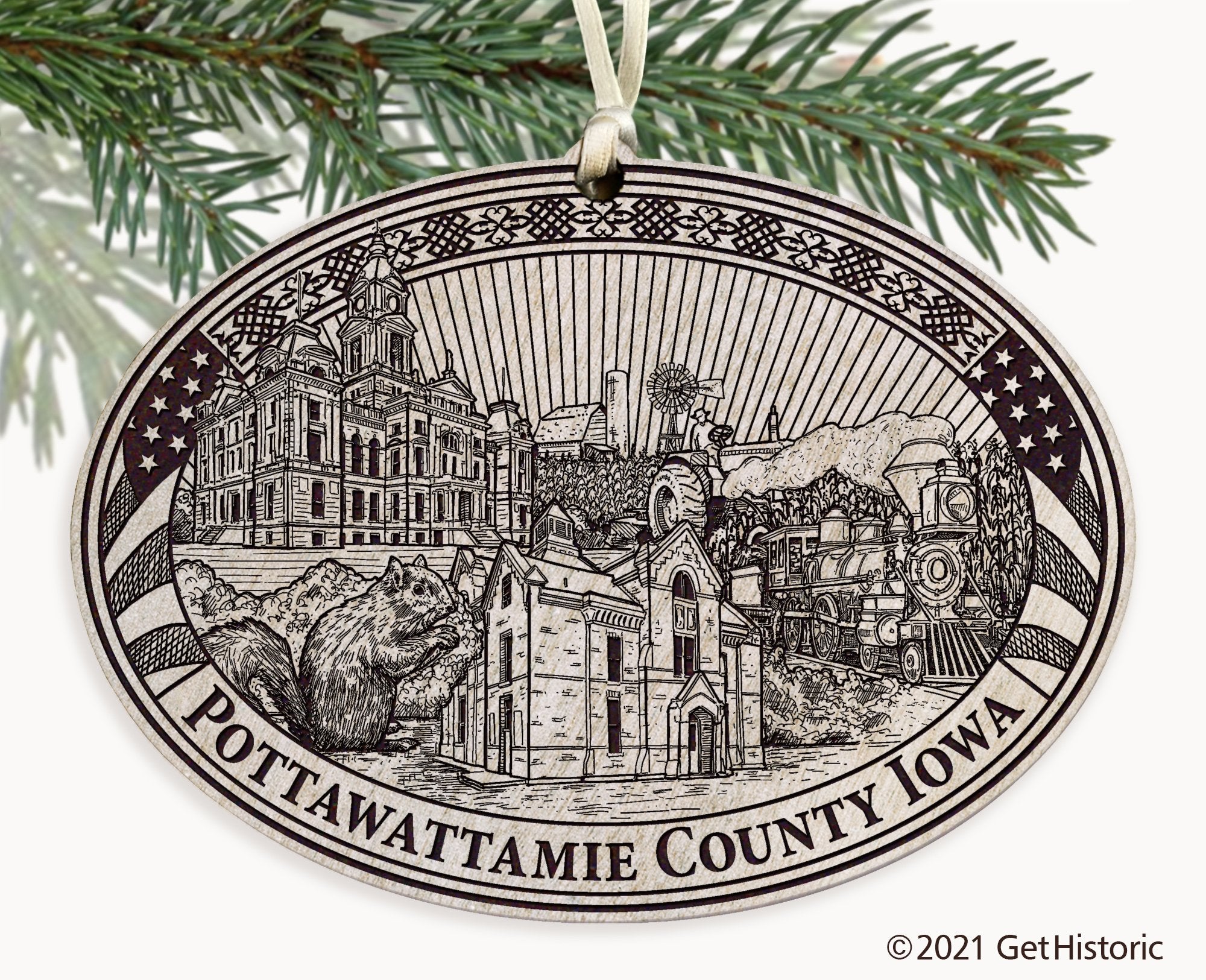 Pottawattamie County Iowa Whitewash Wood Engraved Ornament