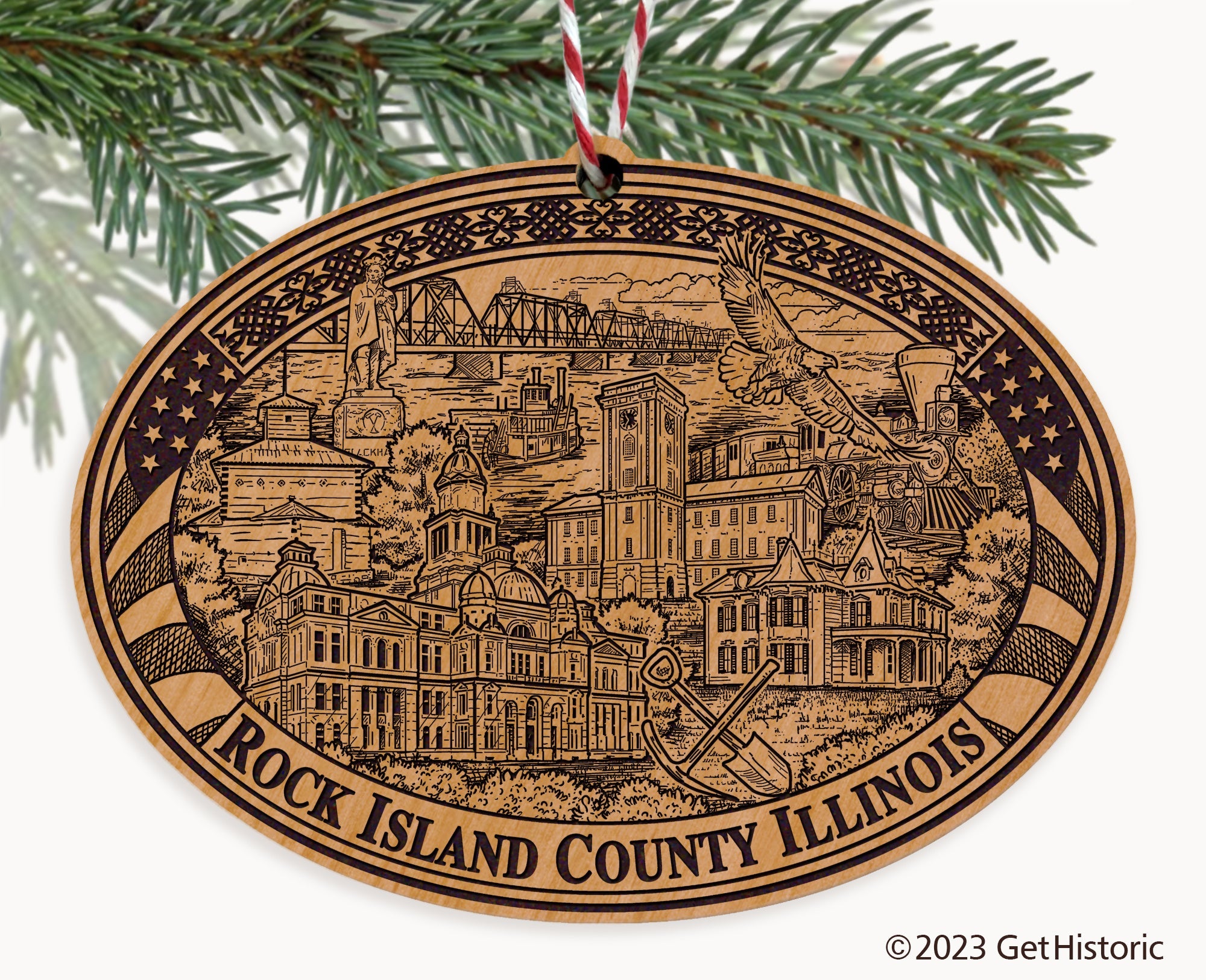 Rock Island County Illinois Engraved Natural Ornament