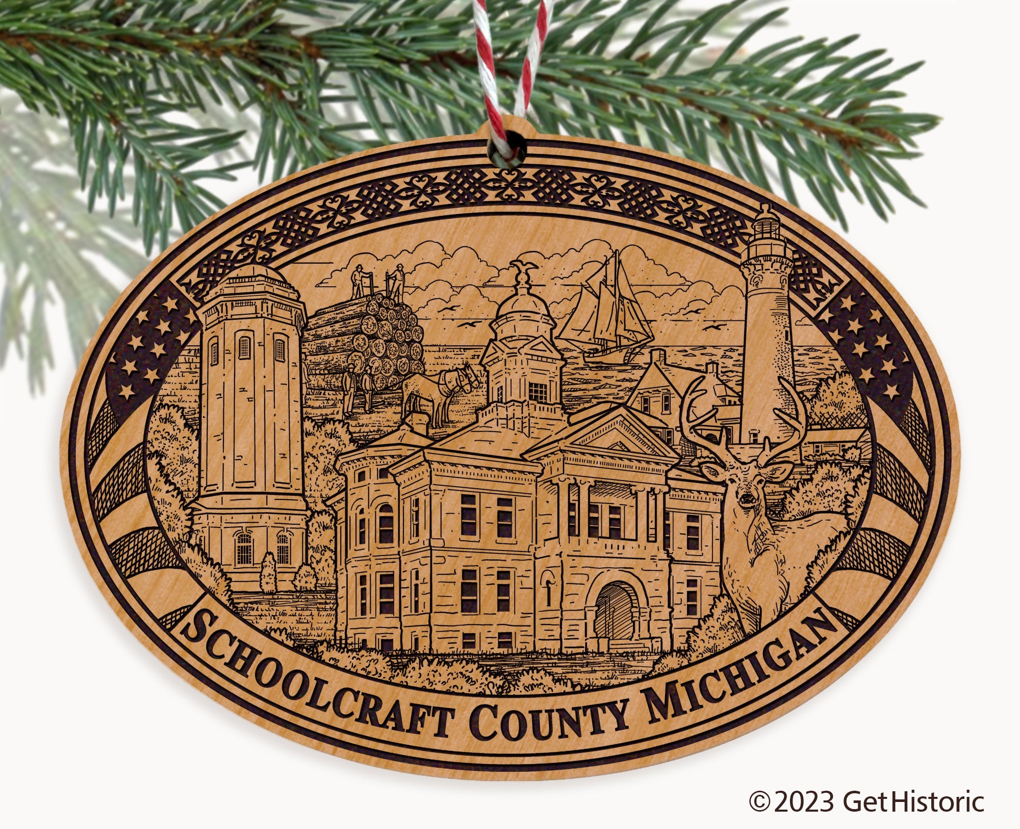 Schoolcraft County Michigan Engraved Natural Ornament