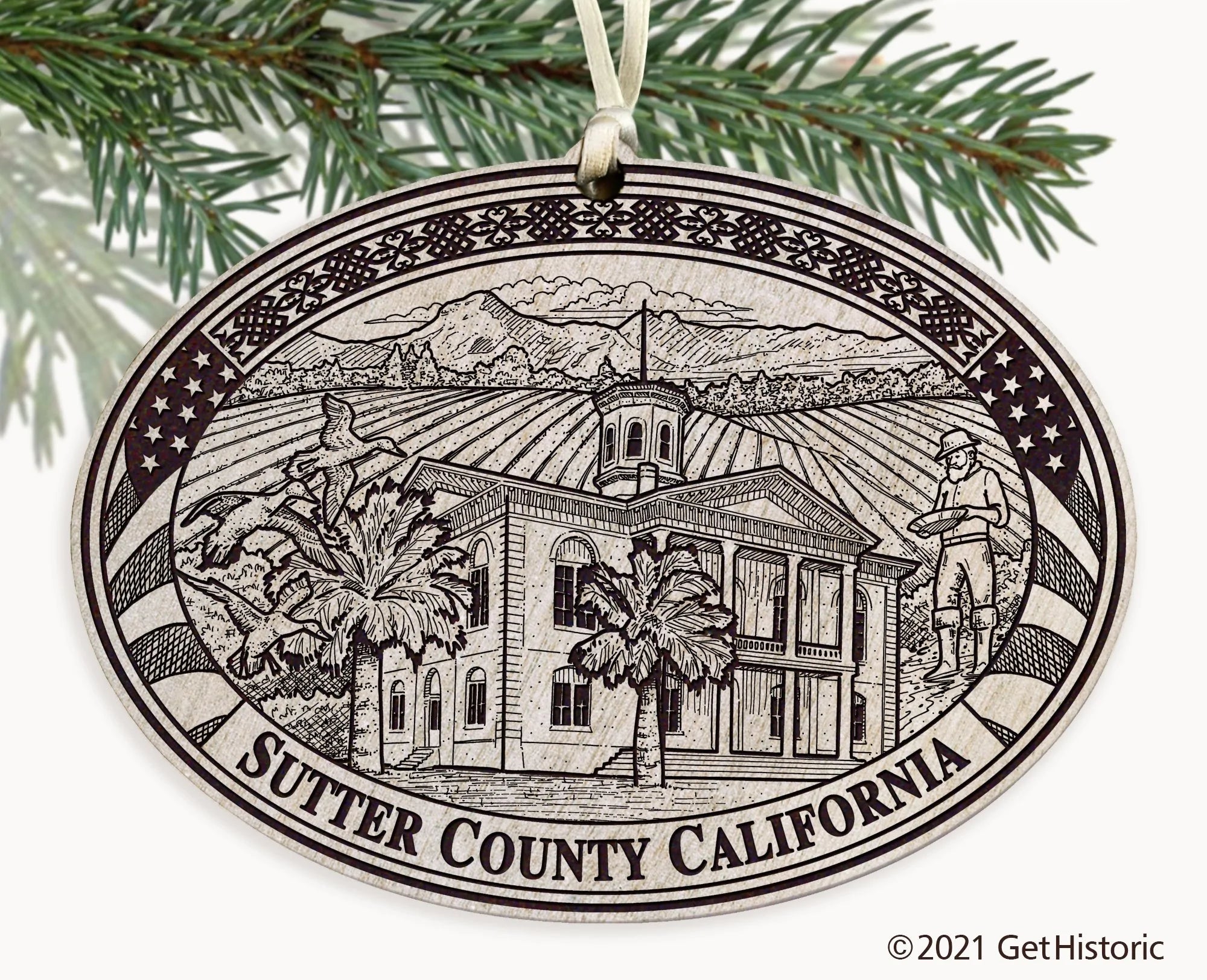 Sutter County California Engraved Natural Ornament