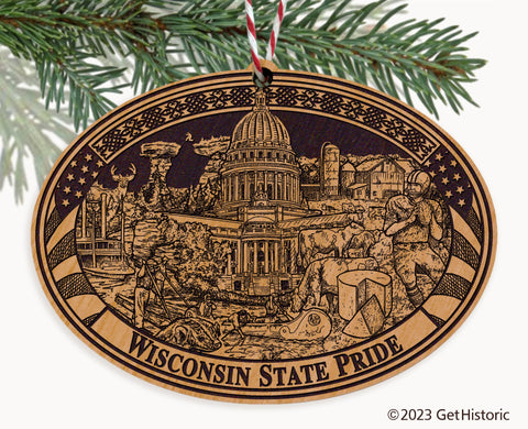 Wisconsin State Natural Wood Engraved Ornament
