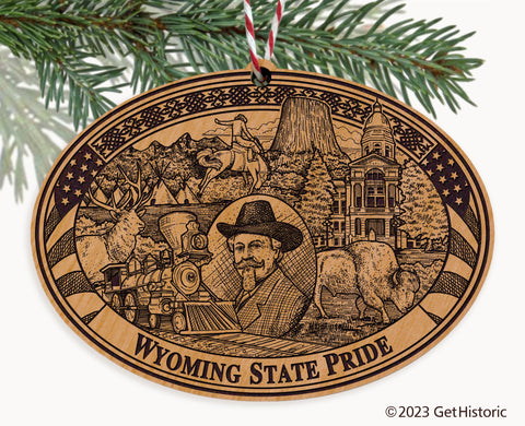 Wyoming State Natural Wood Engraved Ornament